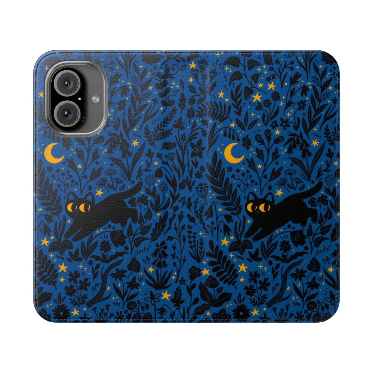 Whimsical flip cover phone case featuring a summer night design with a black cat, plants, flowers, and celestial elements.