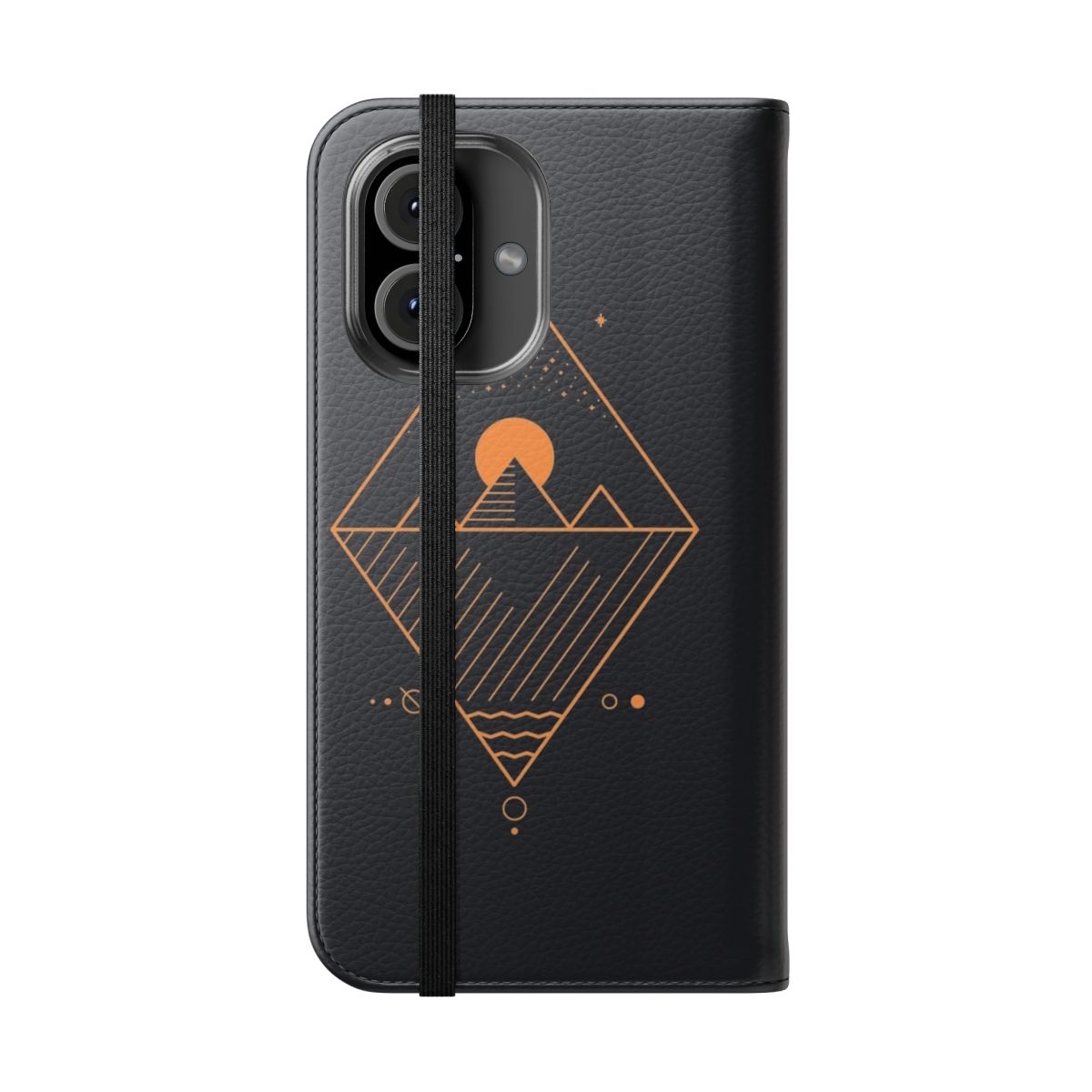 Minimalist sci-fi geometric phone case with line art, stars, and pyramids - Folded Front