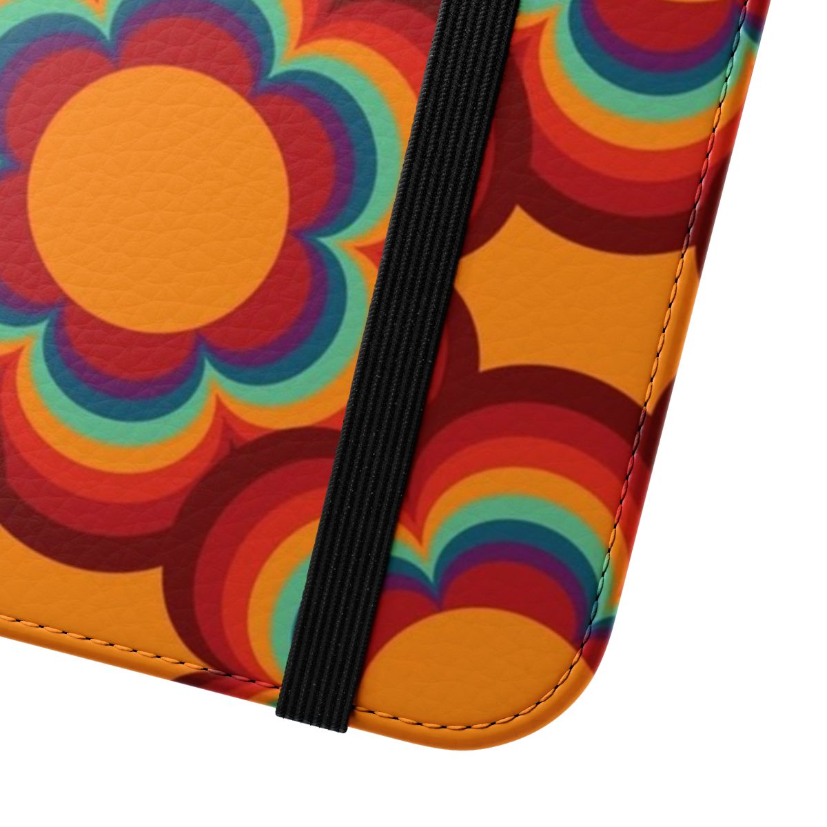 Colorful 70s-inspired phone case with a repeating big sacred flower pattern design - Close Up