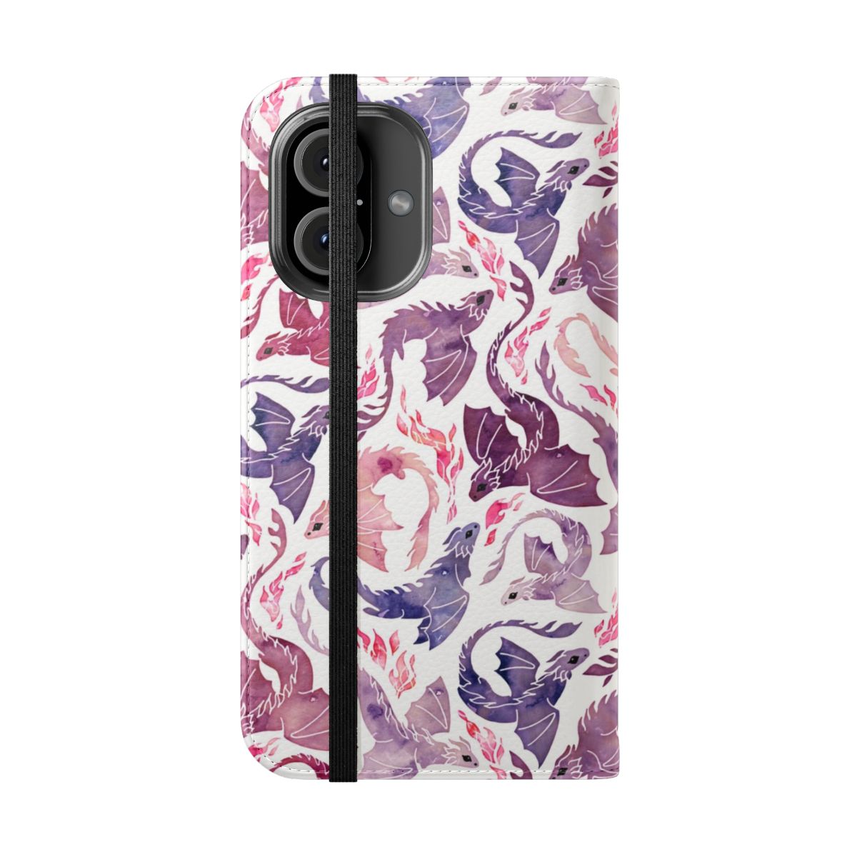 A pink and purple flip phone case with a watercolor dragon and flames design. - Folded Front