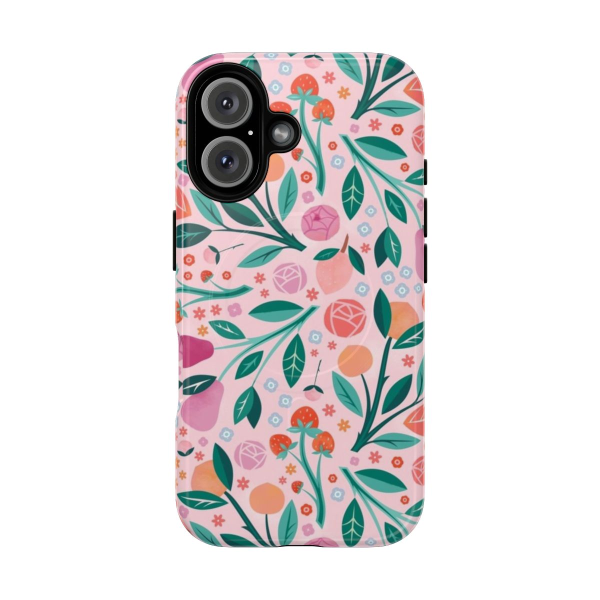 A colorful, floral and fruit-patterned phone case