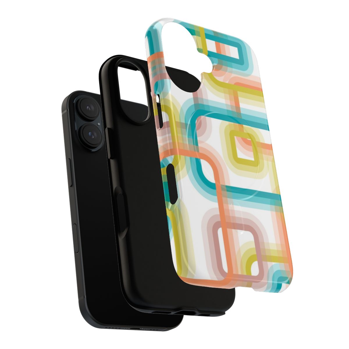 Retro geometric pattern phone case with 1980s-inspired teal, peach, and orange squares - Layers