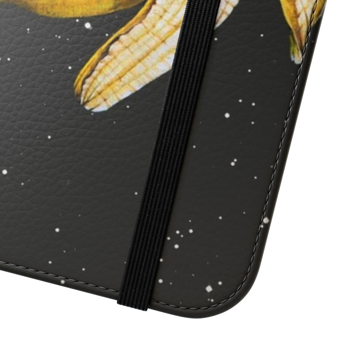 A whimsical phone case featuring a crescent moon and banana in a surreal, abstract space-themed design. - Close Up