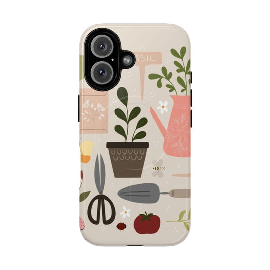 Gardening botanical nature phone case with illustration of flowers, plants, insects and garden tools