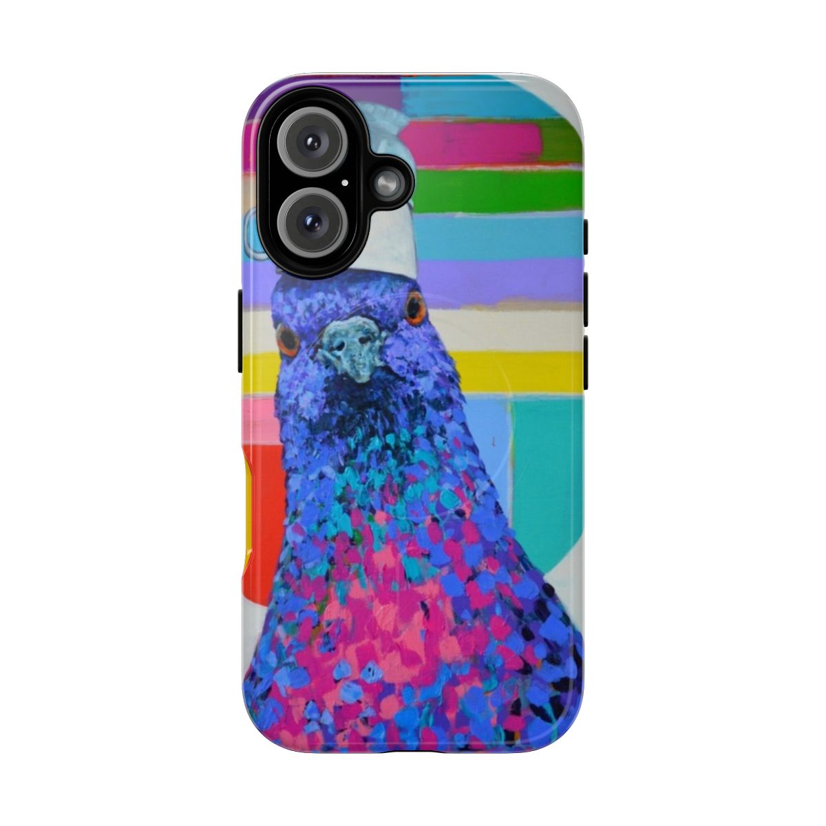 Vibrant phone case featuring a charming bird and cat artwork in a whimsical, contemporary style.