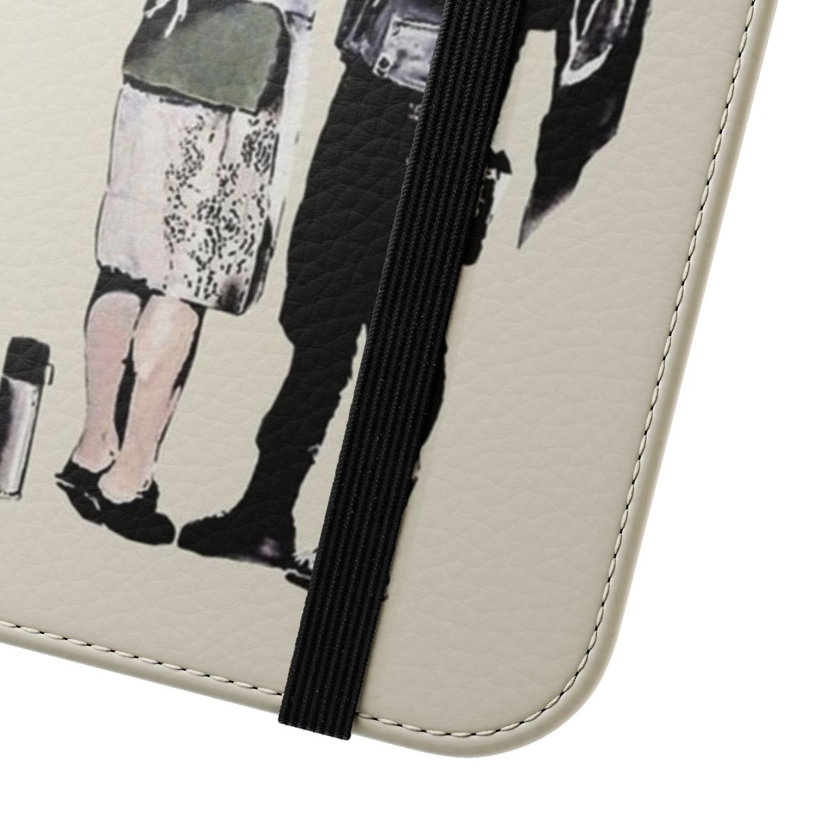 Beige and white phone case with Banksy-inspired graffiti design featuring a punk figure holding an anarchist flag. - Close Up