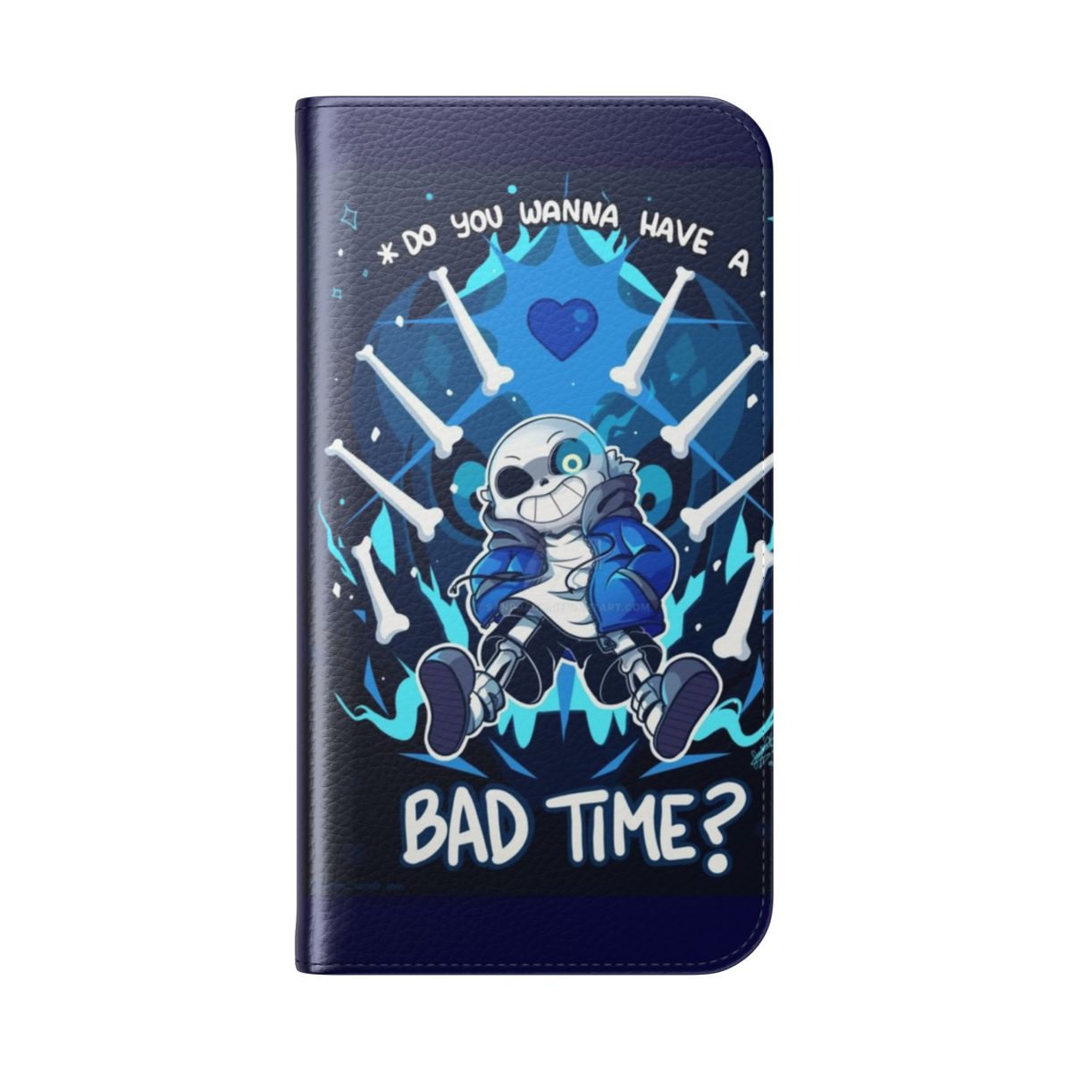 Undertale-themed flip cover phone case with Sans character design - Folded Back