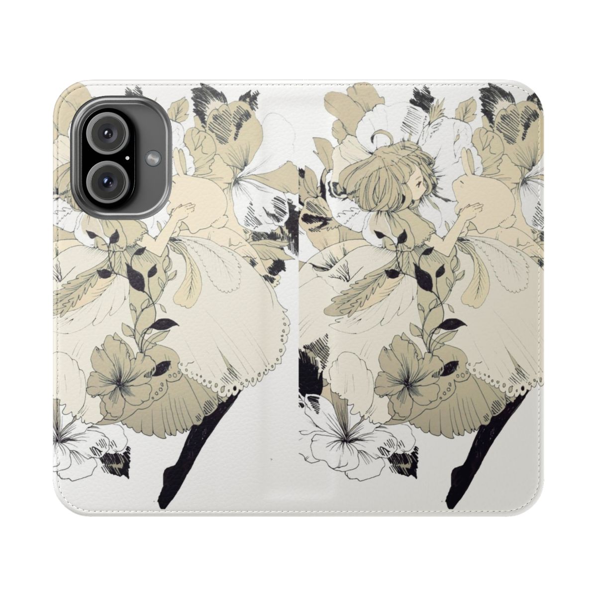 Flip cover phone case with a rabbit, ink, and girl design