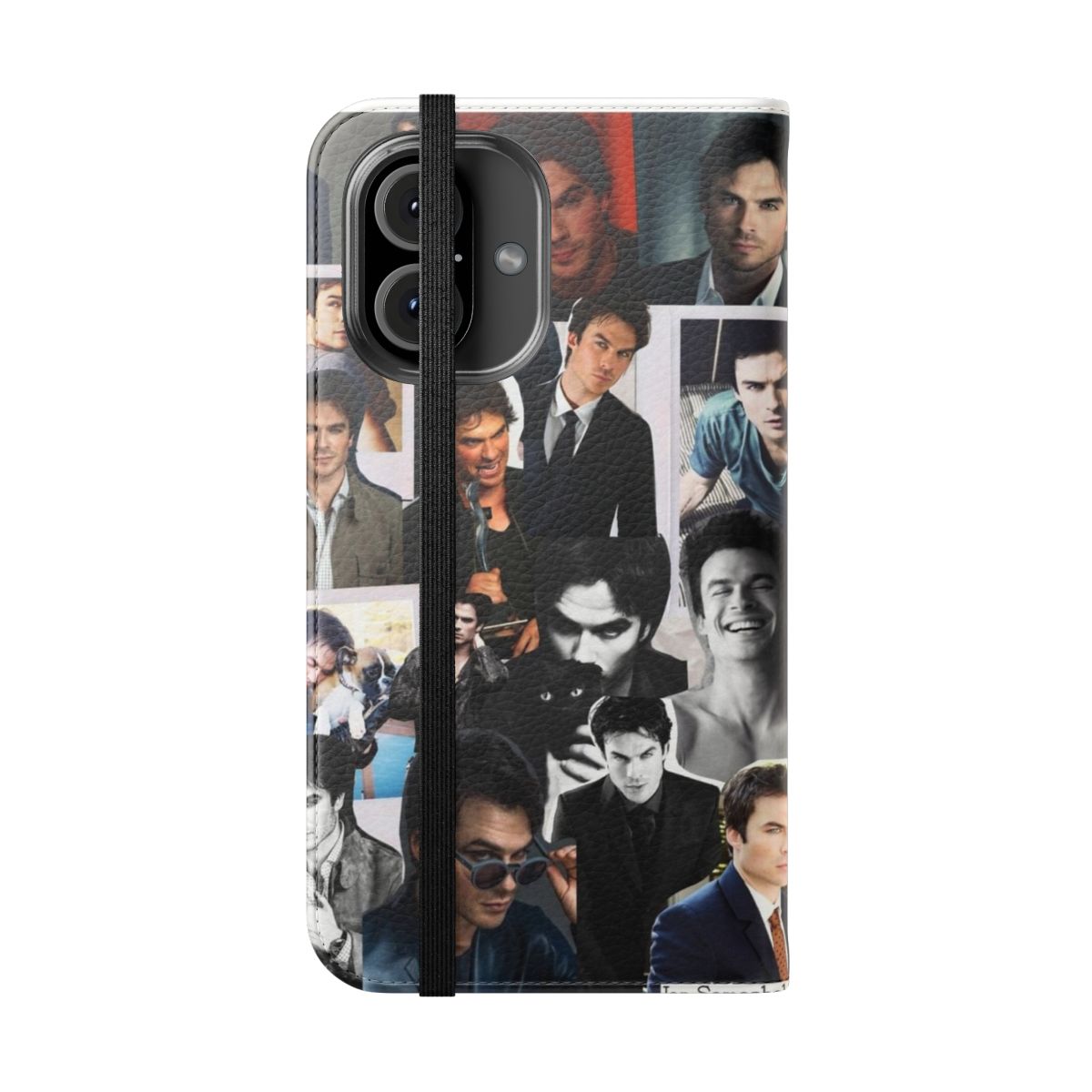 Flip cover phone case featuring a portrait of Ian Somerhalder as Damon Salvatore from The Vampire Diaries - Folded Front