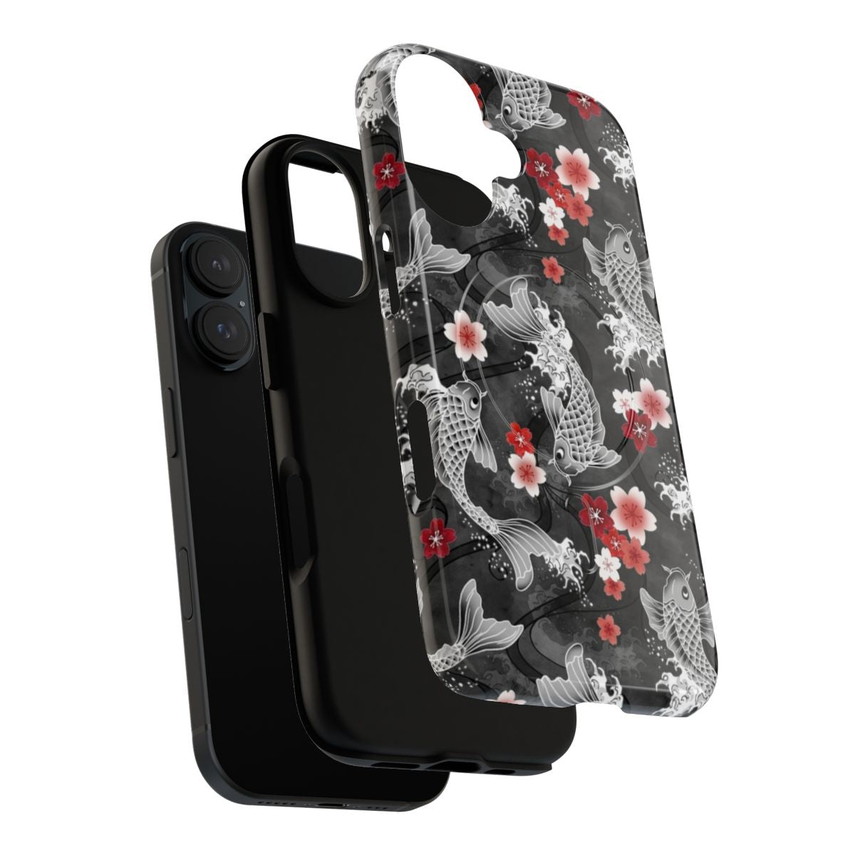 Vibrant watercolor-style image of koi fish and cherry blossoms on a black magnetic protective phone case - Layers