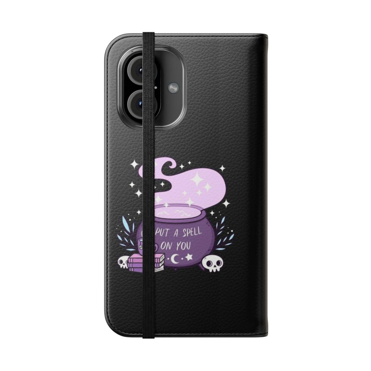 Flip cover phone case featuring a detailed cauldron illustration in a spooky, witchy style. - Folded Front