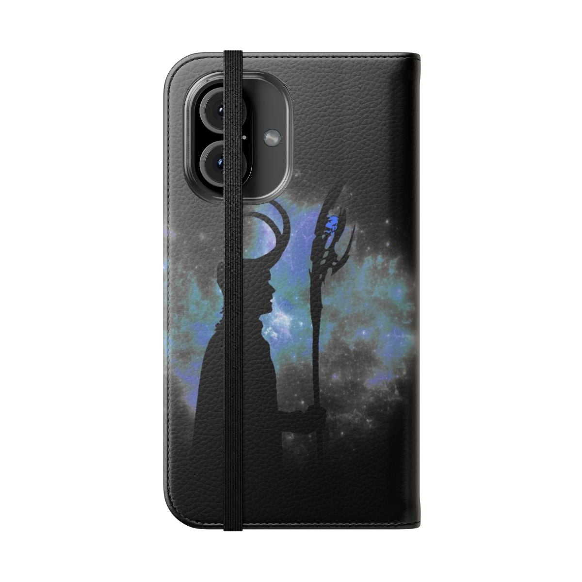 Vibrant Loki-themed flip cover phone case with silhouette design - Folded Front