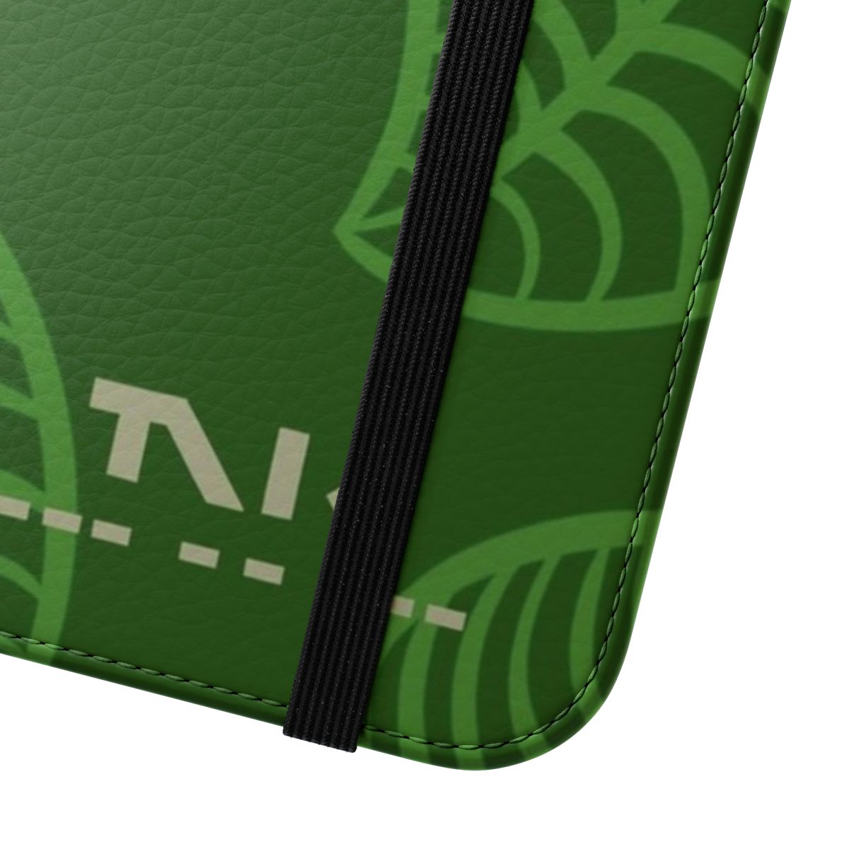 Green flip phone case with Animal Crossing-inspired leaf design - Close Up