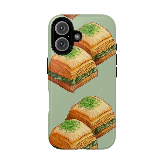 Watercolor illustration of pistachio baklava on a durable phone case