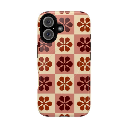 Burgundy checkerboard pattern with floral design on a protective phone case