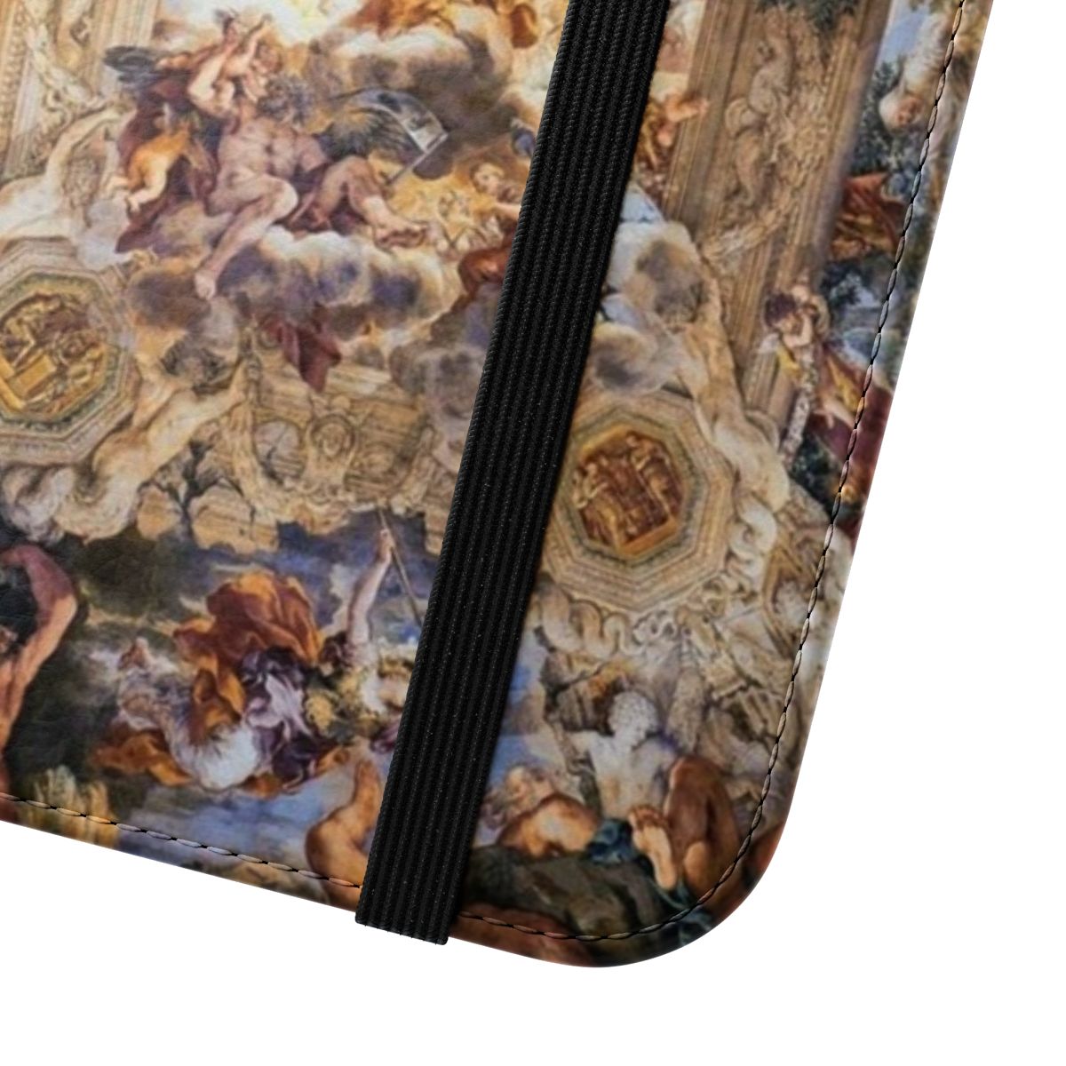 Flip phone case cover with a Renaissance-style painting of gods and angels on a mural or fresco ceiling. - Close Up