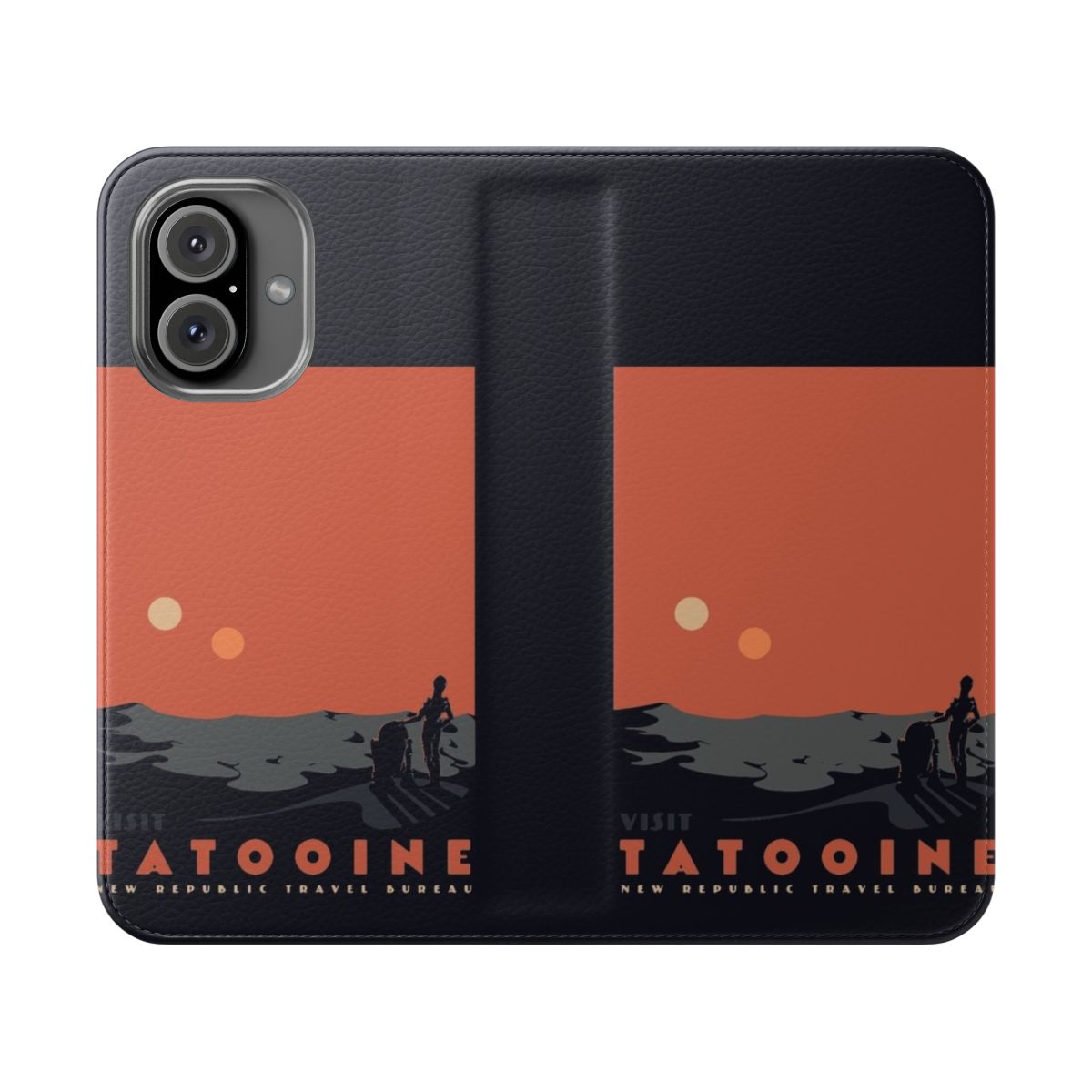 Retro-styled flip phone case featuring the desert landscape of Tatooine from the Star Wars universe