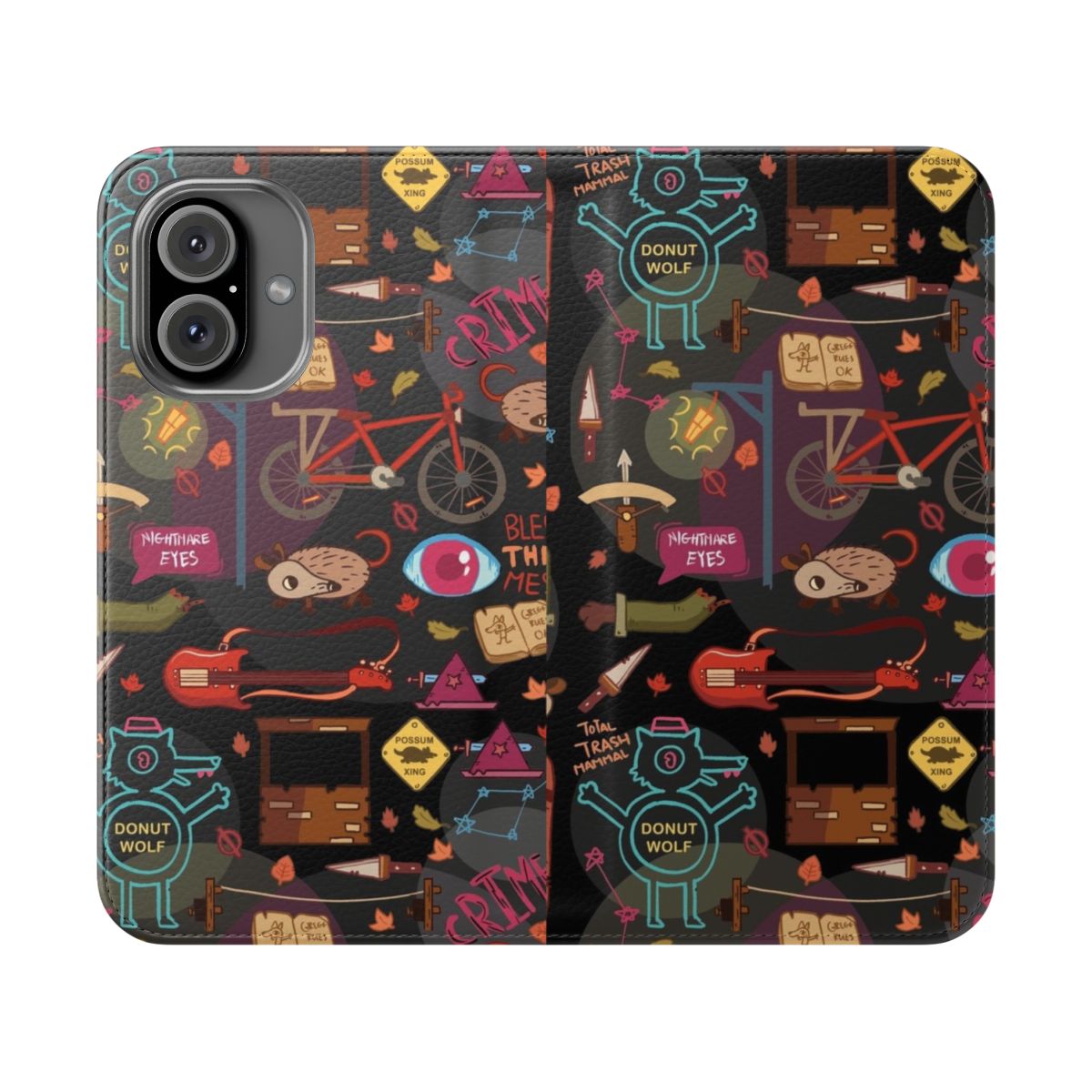 A flip cover phone case featuring a unique autumn-inspired pattern, perfect for fans of the indie game "Night in the Woods".