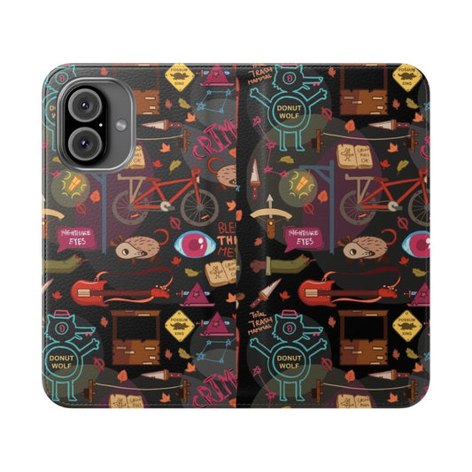 A flip cover phone case featuring a unique autumn-inspired pattern, perfect for fans of the indie game "Night in the Woods".