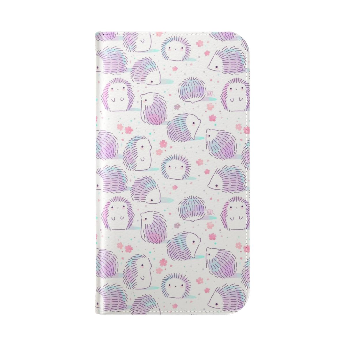 Hedgehog-patterned flip cover phone case with floral designs - Folded Back