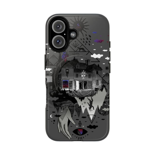 Surreal illustration of a house in a dark, starry sky on a phone case