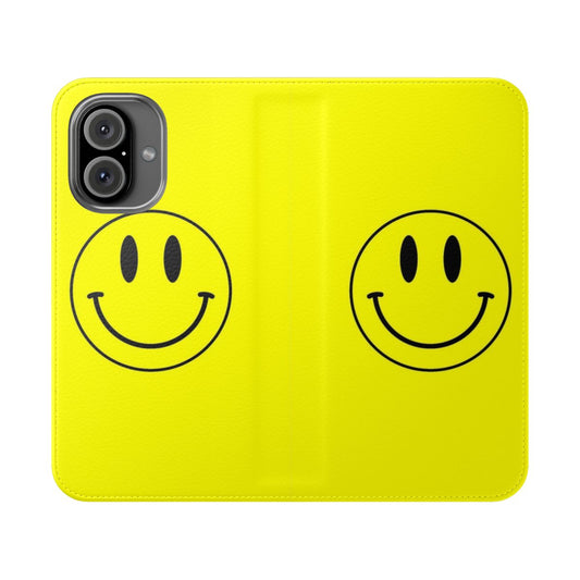 Retro-style phone case with acid house inspired smiling face graphic