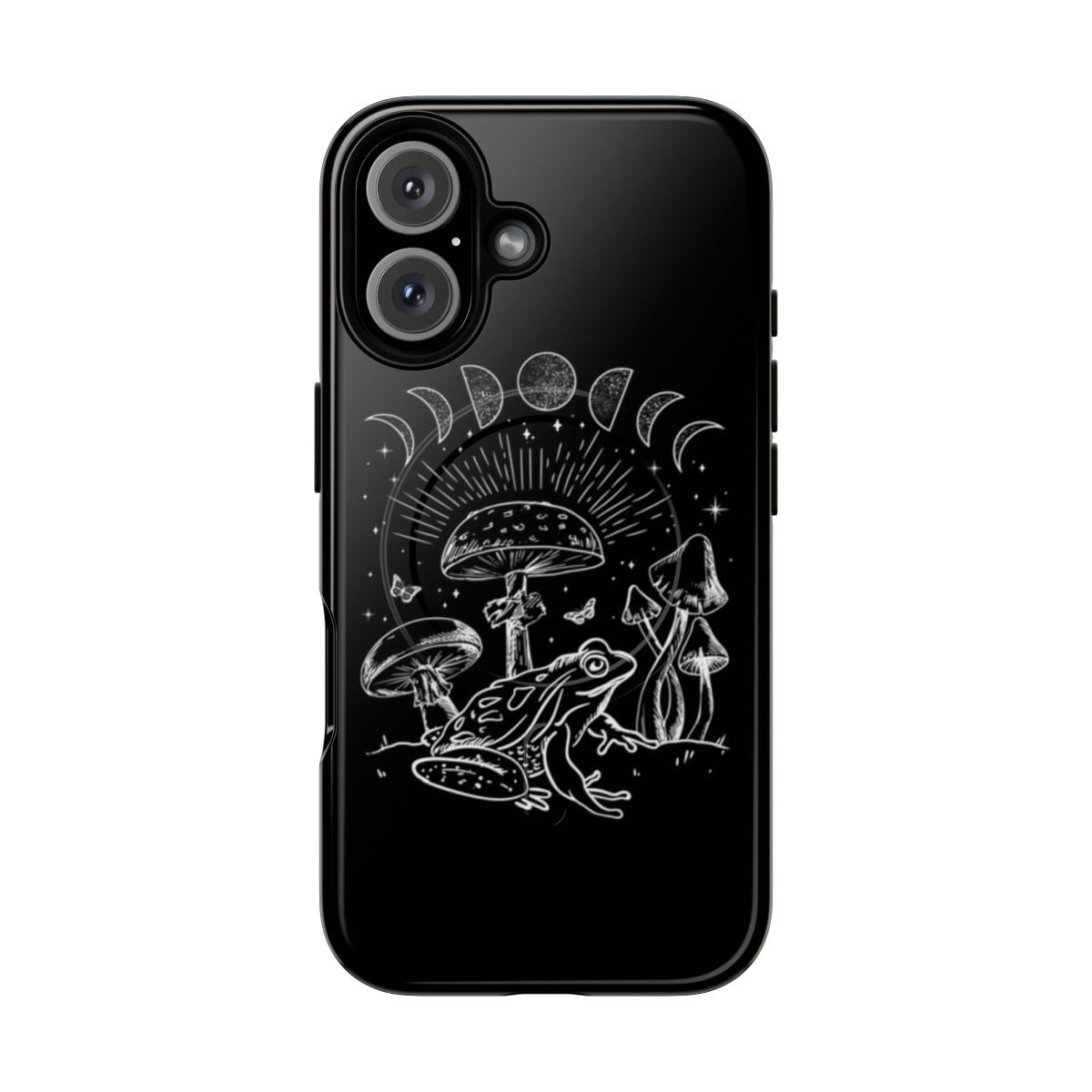 Dark academia-inspired phone case featuring a frog under a mushroom in a mystical, forest-inspired design.