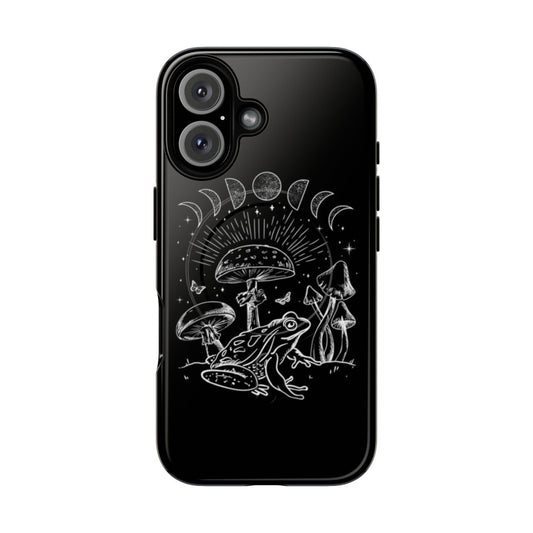 Dark academia-inspired phone case featuring a frog under a mushroom in a mystical, forest-inspired design.