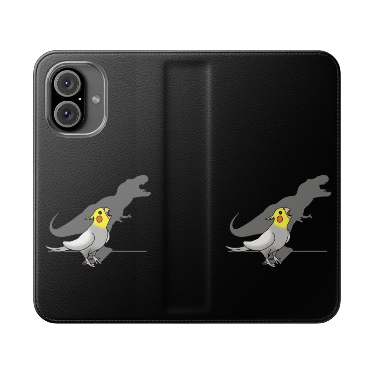 Dinosaur shadow silhouette with a cute cockatiel or parrot bird perched on it, creating a humorous and eye-catching phone case design.