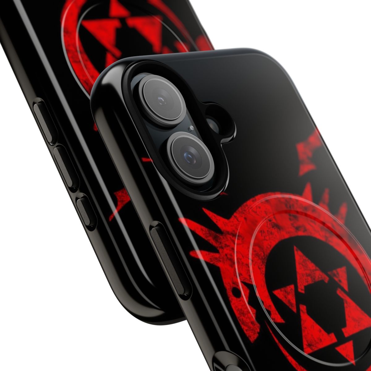 Magnetic phone case with a rust-colored Ouroboros logo from Full Metal Alchemist manga series - Detail