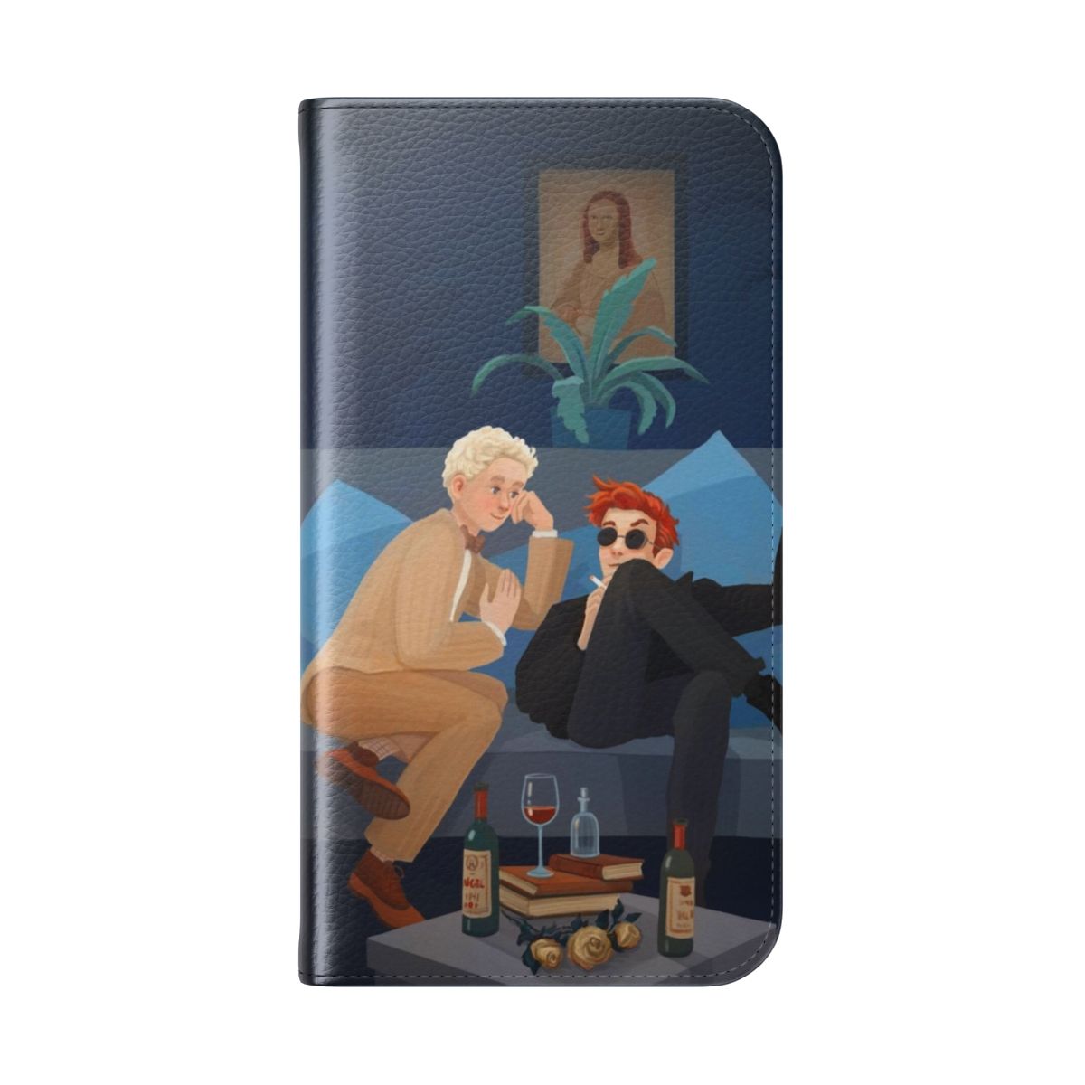 Vintage-style illustrated flip phone case featuring angel, demon, and romantic elements - Folded Back