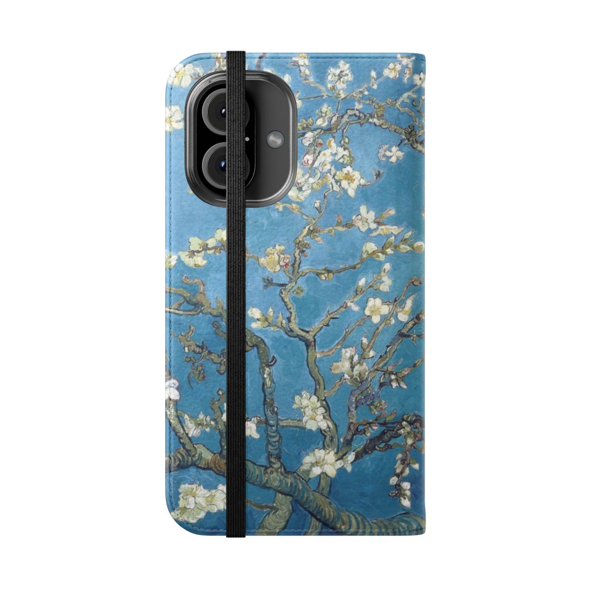 Flip cover phone case with Vincent van Gogh's famous "Branches with Almond Blossom" painting - Folded Front