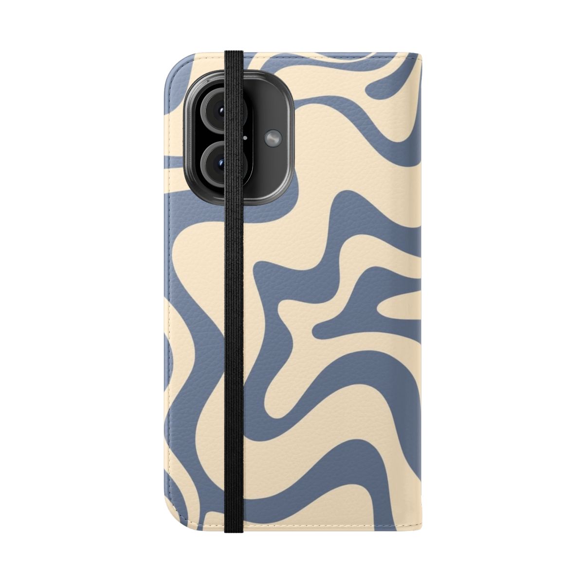 Flip phone case with a retro abstract swirling pattern in shades of blue and cream - Folded Front