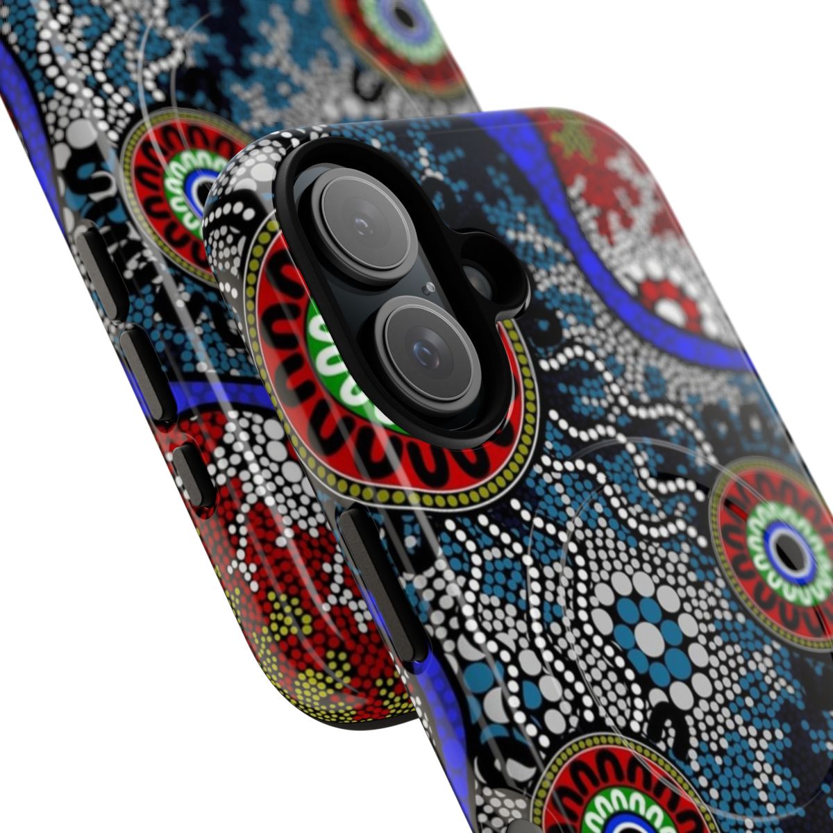 Magnetic tough phone case featuring authentic Aboriginal-inspired camping dots design - Detail