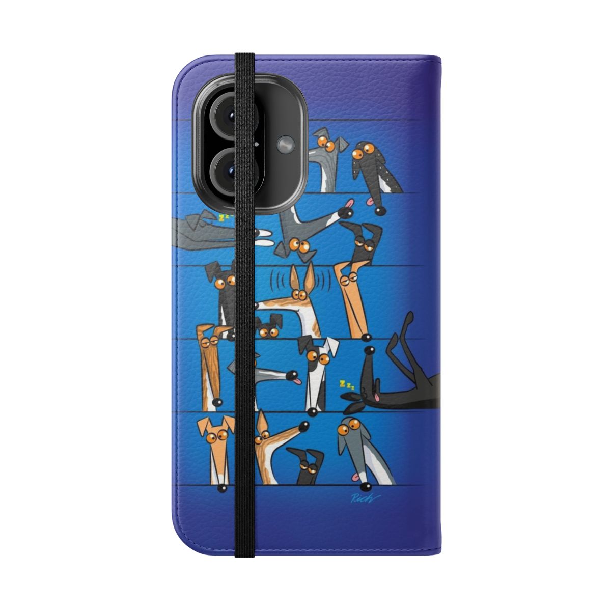 Flip cover phone case featuring a cute cartoon greyhound design - Folded Front