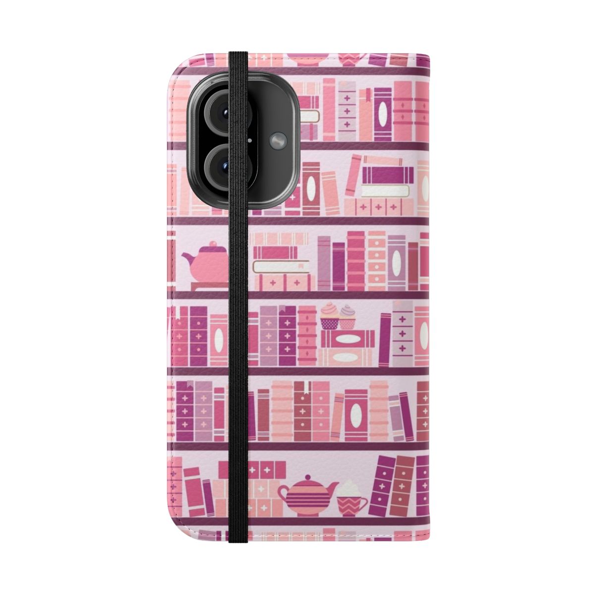 A pink and purple phone case with a cozy bookcase pattern, perfect for book lovers. - Folded Front