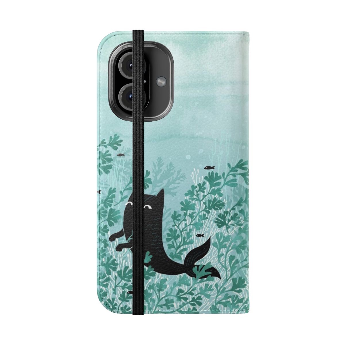 Watercolor illustration of a mercat (part cat, part mermaid) swimming in the ocean on a phone case cover. - Folded Front