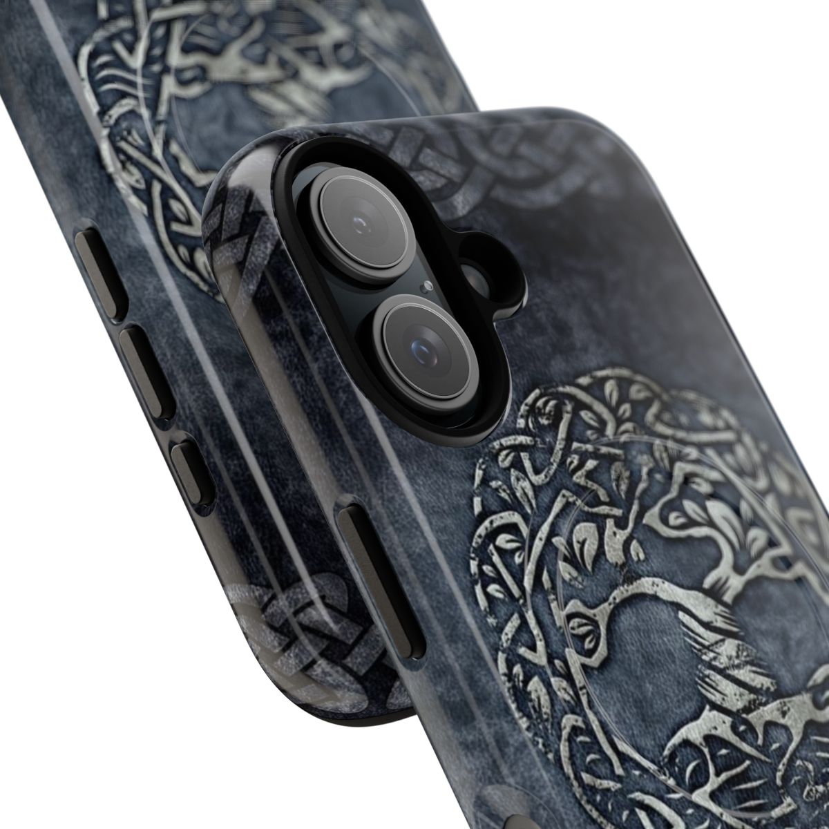 Grey leather phone case featuring a Celtic tree of life design - Detail