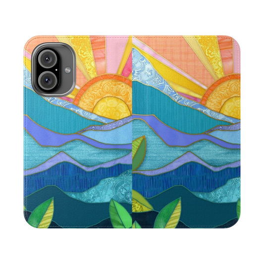 Colorful patchwork design of leaves, sky, and sunset on a mobile phone case