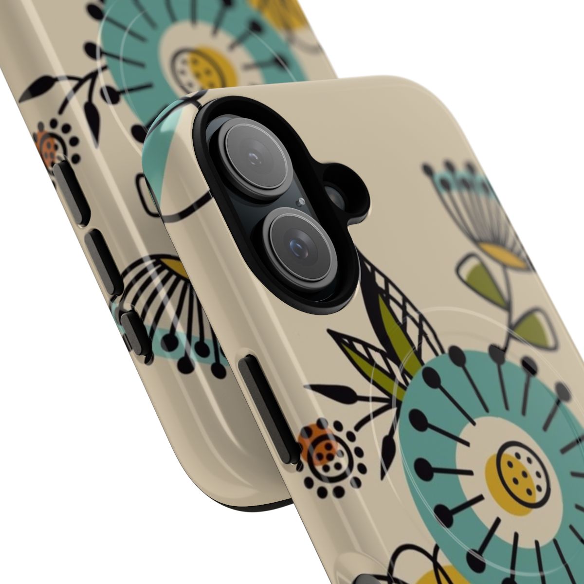 Mid century modern inspired phone case with a vibrant blue and yellow floral design - Detail