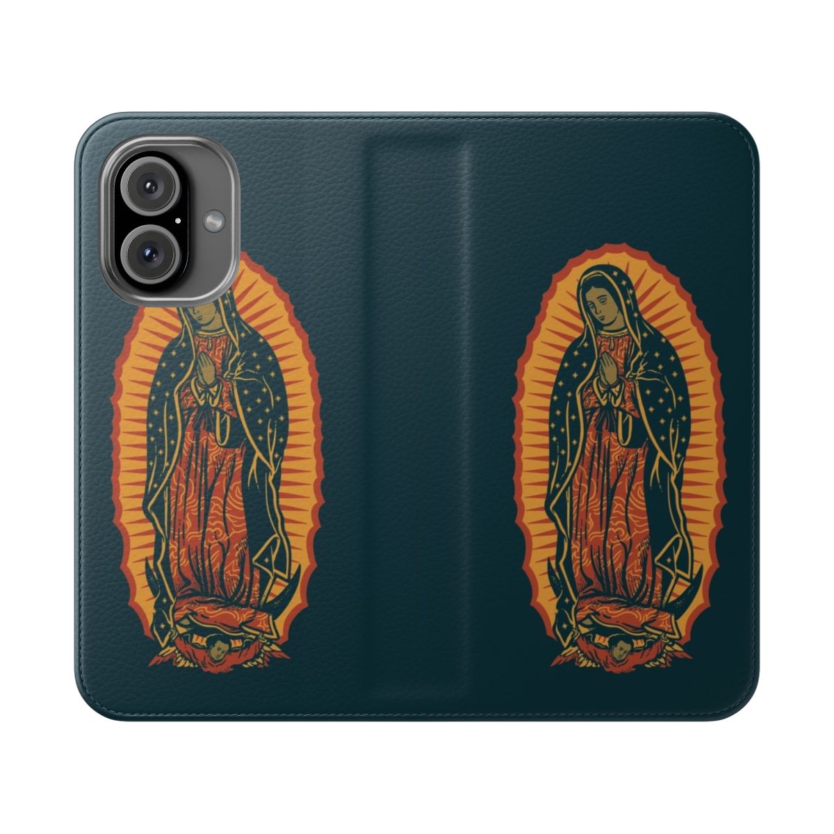 Artistic phone case design featuring the Virgin Mary of Guadalupe, a famous Catholic icon from Mexico.