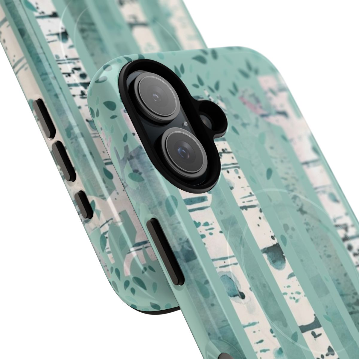 Watercolor nature design featuring birch trees in a forest on a phone case - Detail