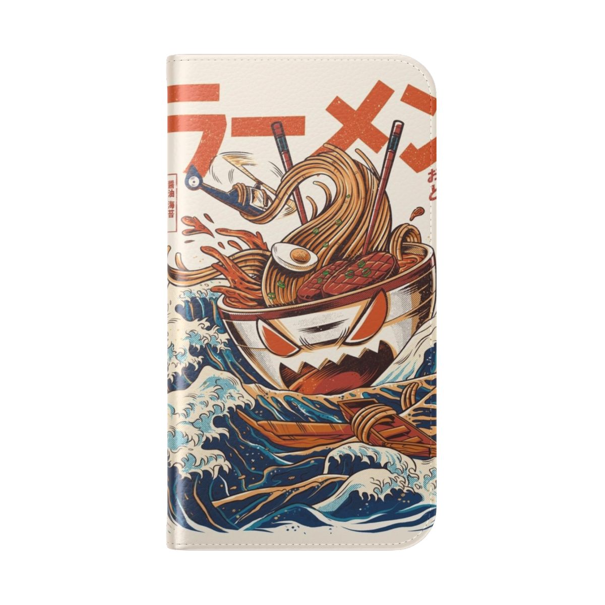 Vibrant anime-style illustration of a ramen bowl with a retro Japanese wave pattern on a smartphone flip cover case. - Folded Back