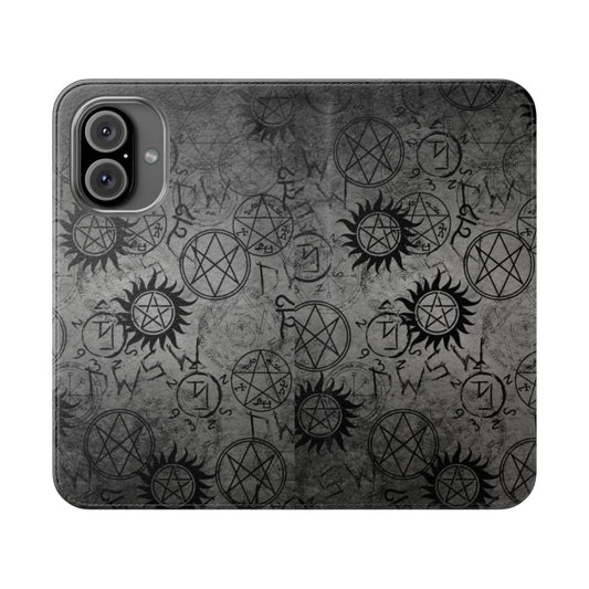 A grey flip cover phone case featuring supernatural-inspired symbols and imagery.