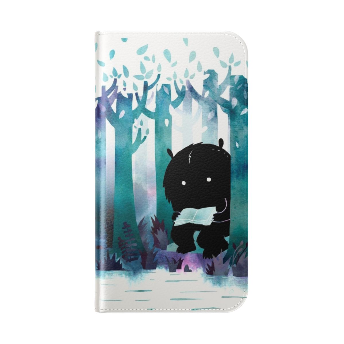 Flip cover phone case with a whimsical, nature-inspired watercolor design featuring monsters, books, and forest elements. - Folded Back