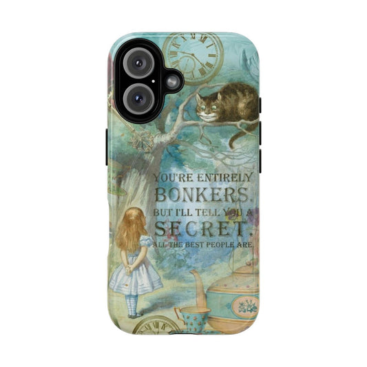 Magnetic tough phone case featuring a vintage-inspired Alice in Wonderland quote design