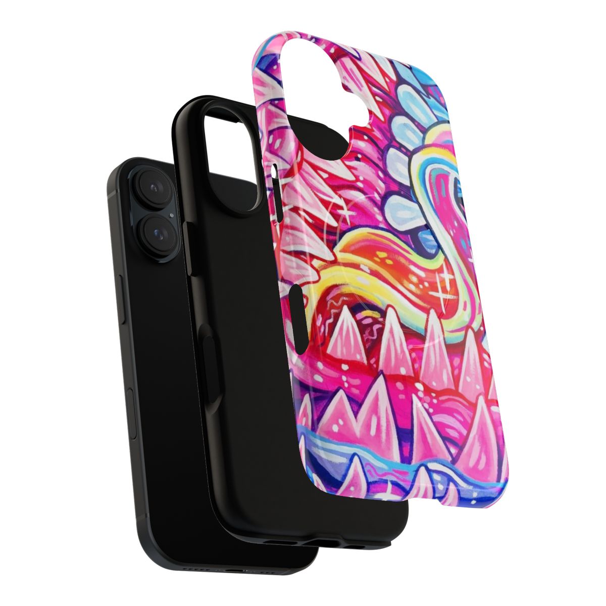 Colorful cartoon illustrations of animal mouths and teeth on a magnetic, tough phone case - Layers