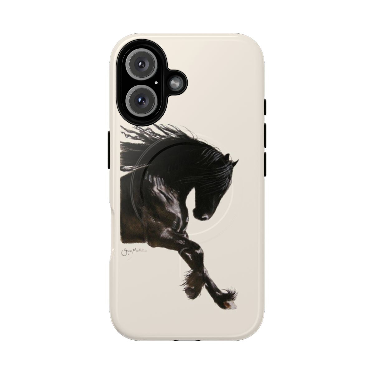 Magnetic phone case featuring a beautiful black friesian horse in a dancing pose.