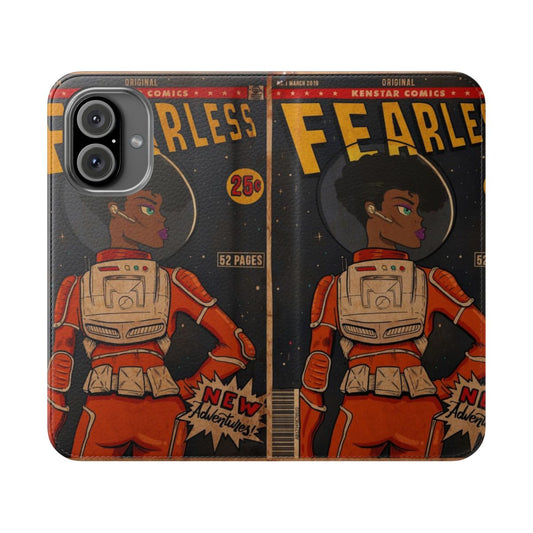 A stylish flip cover phone case featuring a sci-fi inspired design with astronauts, space elements, and fearless typography.