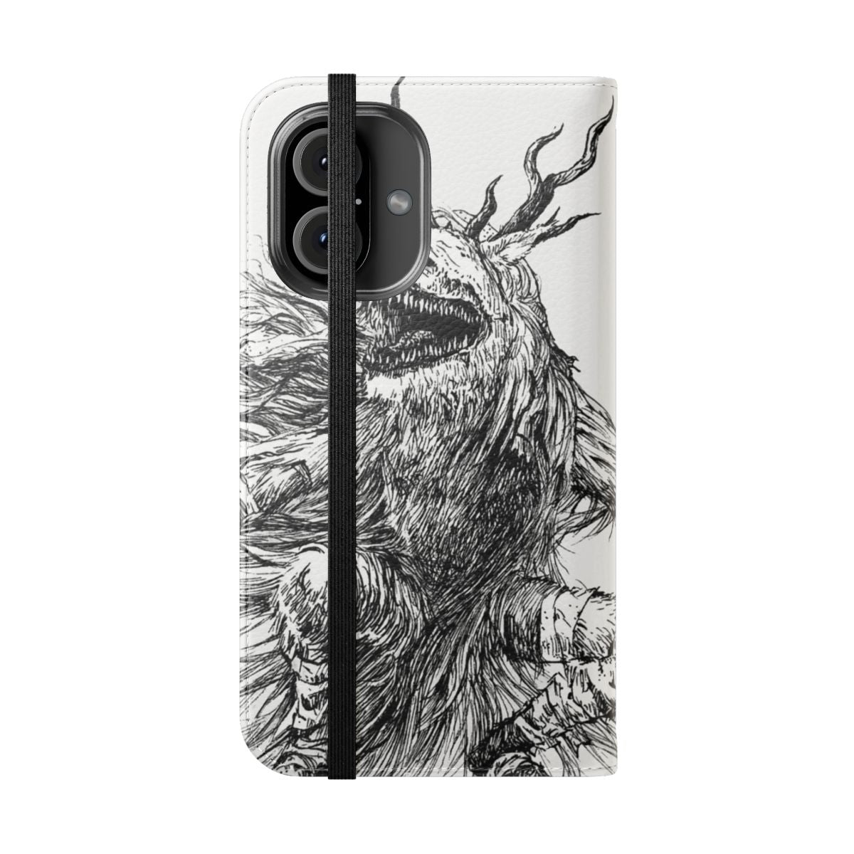 White and black ink phone case design with Bloodborne-inspired elements - Folded Front